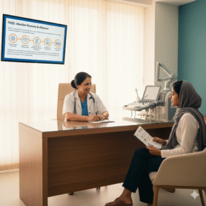 Dr. Mannan Gupta providing a detailed recovery and nutrition plan for Abortion Recovery and Aftercare in Delhi to a patient.