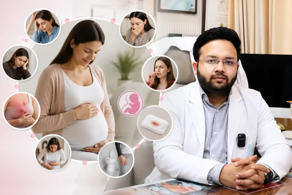 Explaining common early pregnancy symptoms, including fatigue, nausea, breast tenderness, mood changes, frequent urination, and light spotting in women.