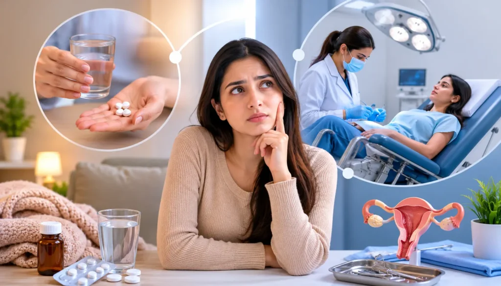 Female patient discussing medical abortion vs surgical abortion options with a gynecologist