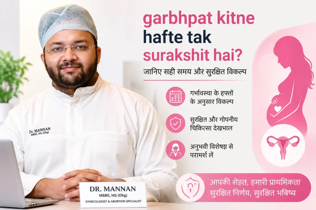 At Dr. Mannan Abortion Centre discussing how many weeks abortion is considered safe with a female patient in a professional medical clinic