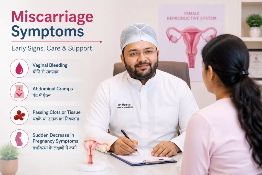 Home 27 Pregnant woman experiencing abdominal discomfort during pregnancy while consulting a healthcare professional about miscarriage symptoms and early pregnancy complications in Dr. Mannan Abortion Centre.